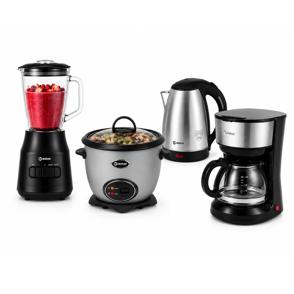 COMBO MIRAY OLLA ARROCERA GRIS 1.5L + LICUADORA 1.5L 600W + HERVIDOR 1.8 LITROS PLATA + CAFETERA 6 TAZAS - 1