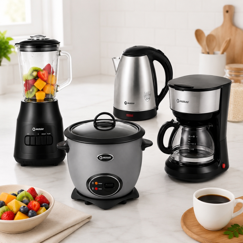 COMBO MIRAY OLLA ARROCERA GRIS 1.5L + LICUADORA 1.5L 600W + HERVIDOR 1.8 LITROS PLATA + CAFETERA 6 TAZAS - 7