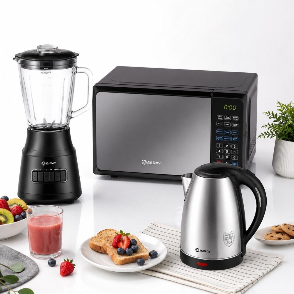 COMBO MIRAY LICUADORA 1.5L 600W + HORNO MICROONDAS 20L + HERVIDOR 1.8 LITROS PLATA - 6