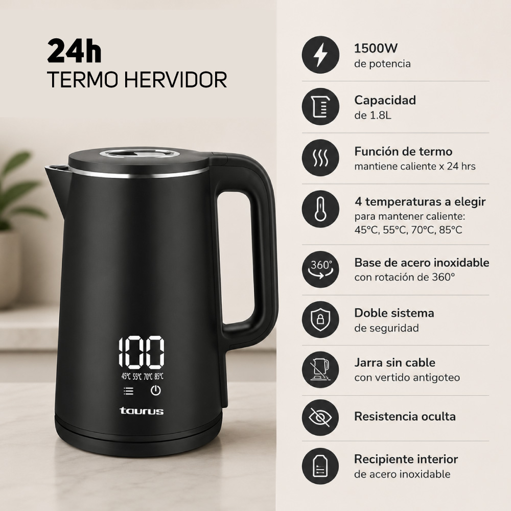 HERVIDOR TAURUS ELÉCTRICO MODELO DIGITAL NEGRO 1.8 LITROS - 4
