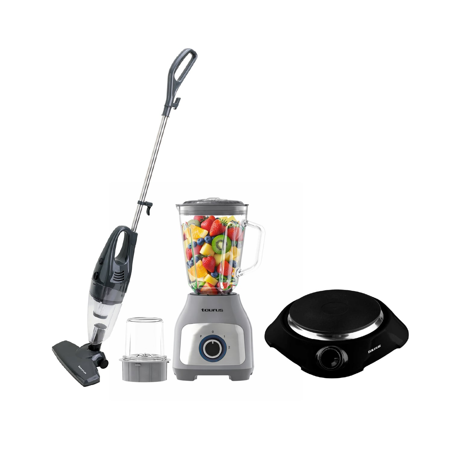 TRICOMBO TAURUS LICUADORA SILVER PREMIUM 1.5L + ASPIRADORA ESCOBA TVC100G + COCINA ELÉCTRICA FENIX 1 HORNILLA - 1