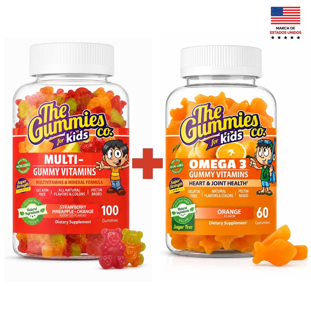 COMBO THE GUMMIES CO. PARA NIÑOS OMEGA 3 60 GOMITAS NARANJA + MEGA MULTIVITAMÍNICO GOMITAS FRESA Y PIÑA - 1