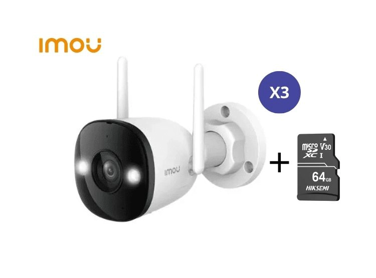 KIT DE 3 CÁMARA SEGURIDAD PARA EXTERIORES BULLET 3 2K 3MP + MICRO SD 64GB FULL COLOR PT IP67 IMOU - 1
