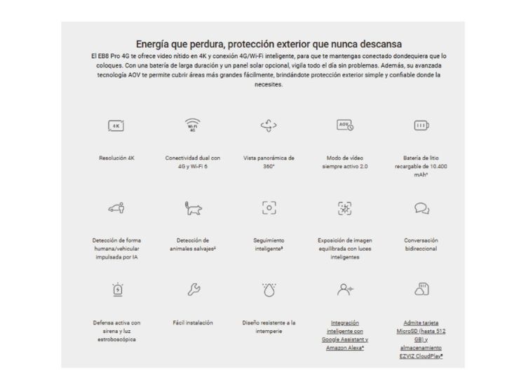 CÁMARA SEGURIDAD CON BATERIA EZVIZ EB8 4G 4K + MICRO SD 128GB PANEL SOLAR EXTERIOR EZVIZ - 2