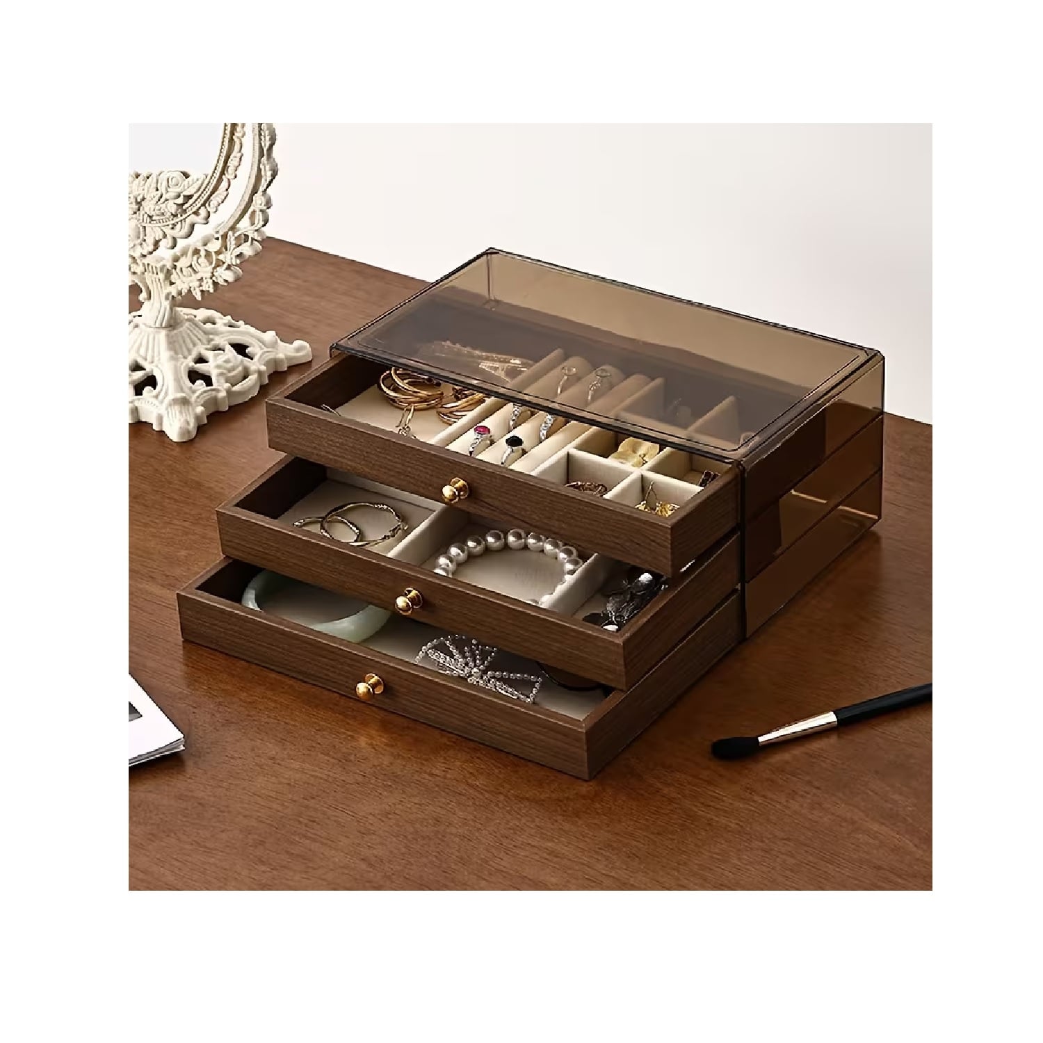ORGANIZADOR DE JOYAS 3 NIVELES COLOR NOGAL - 1