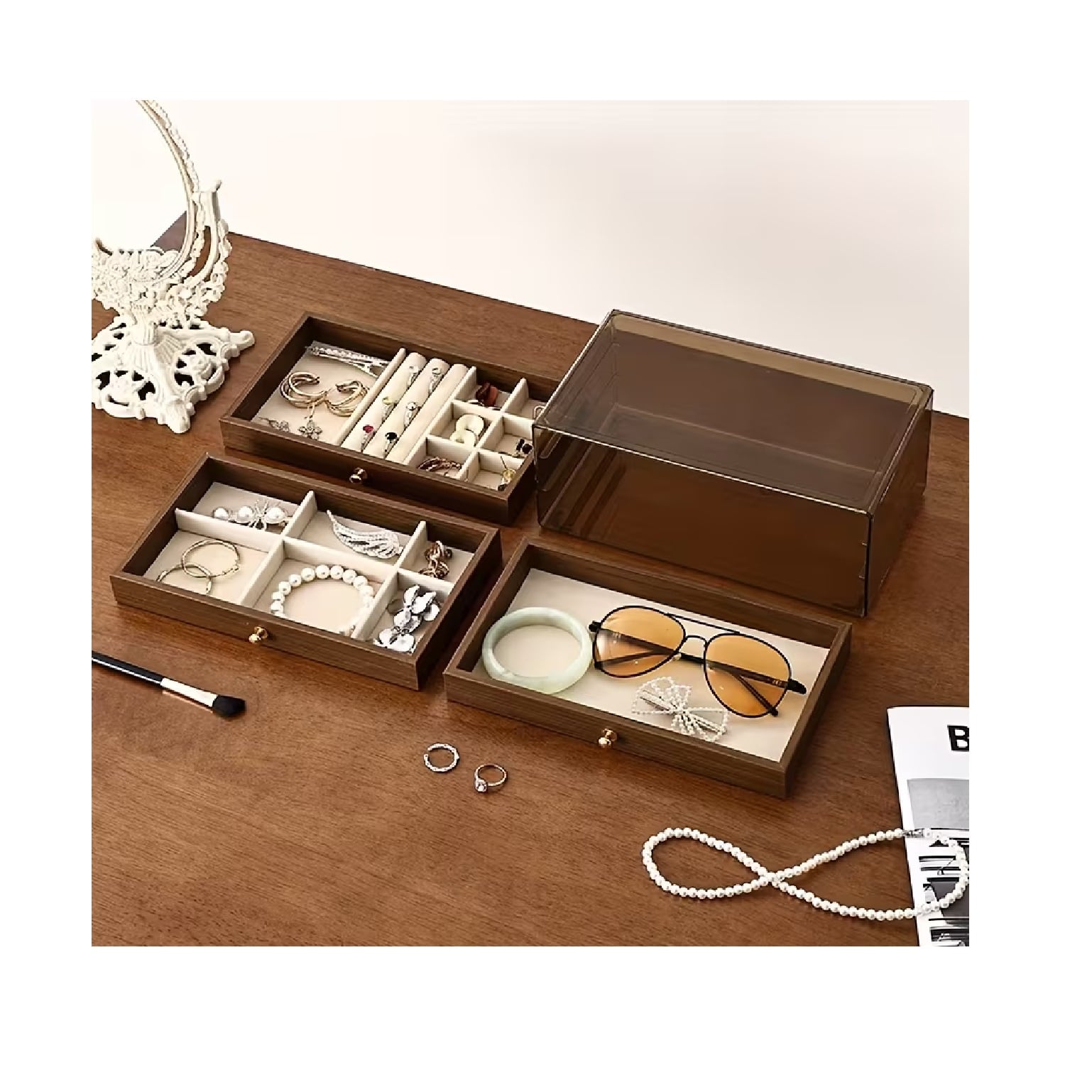 ORGANIZADOR DE JOYAS 3 NIVELES COLOR NOGAL - 3