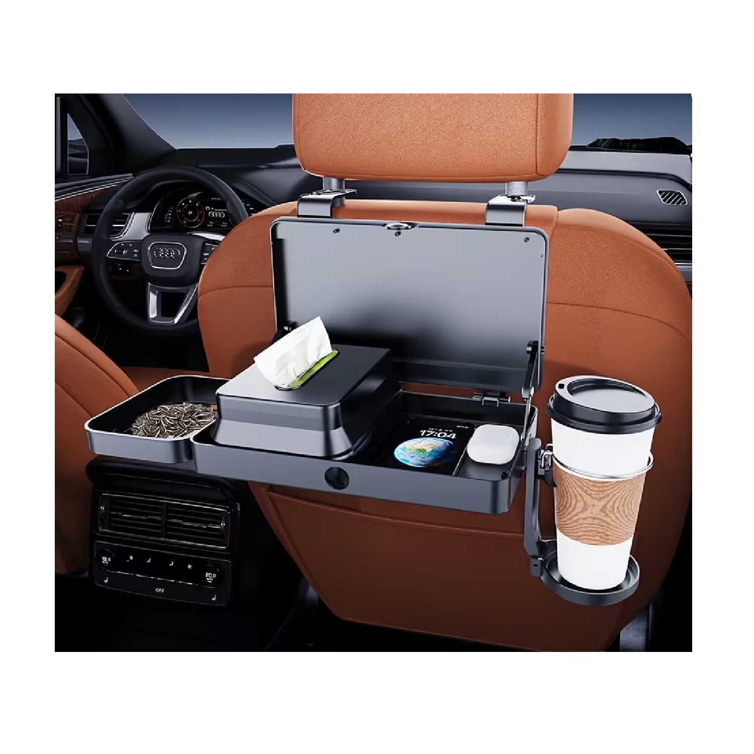 ORGANIZADOR PARA ASIENTO DE AUTO CON BANDEJA PLEGABLE,PORTAVASOS Y SOPORTE PARA CELULAR - 1