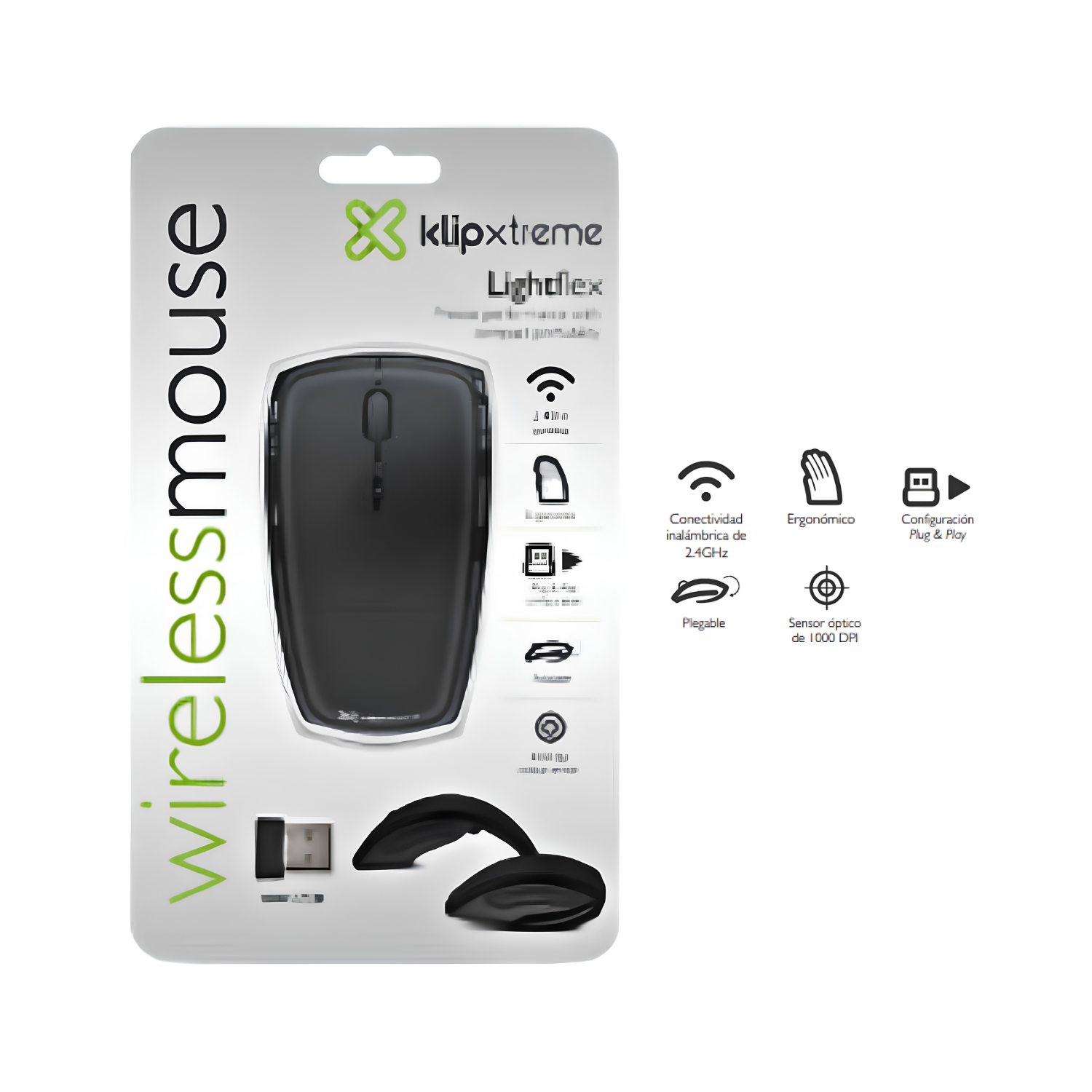 MOUSE INALÁMBRICO KLIP XTREME ERGONÓMICO PLEGABLE LIGHTFLEX KMW-375BK ÓPTICO 2.4 GHZ Y 3 BOTONES - 7