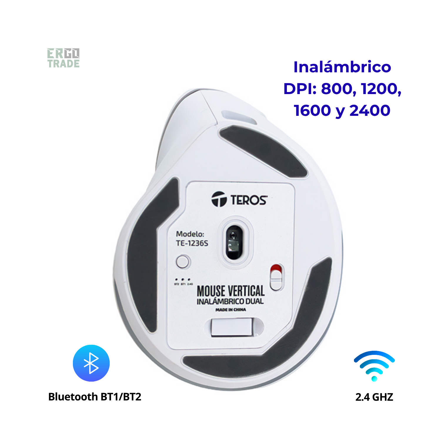 MOUSE ERGONÓMICO VERTICAL TEROS TE-1236S, INALÁMBRICO, RECARGABLE, DE COLOR BLANCO - 3