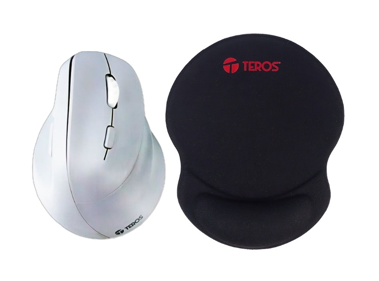 MOUSE VERTICAL TEROS TE1236S INALÁMBRICO, RECARGABLE, COLOR BLANCO Y MOUSE PAD TEROS CON ALMOHADILLA GEL. PACK ERGONÓMICO - 1