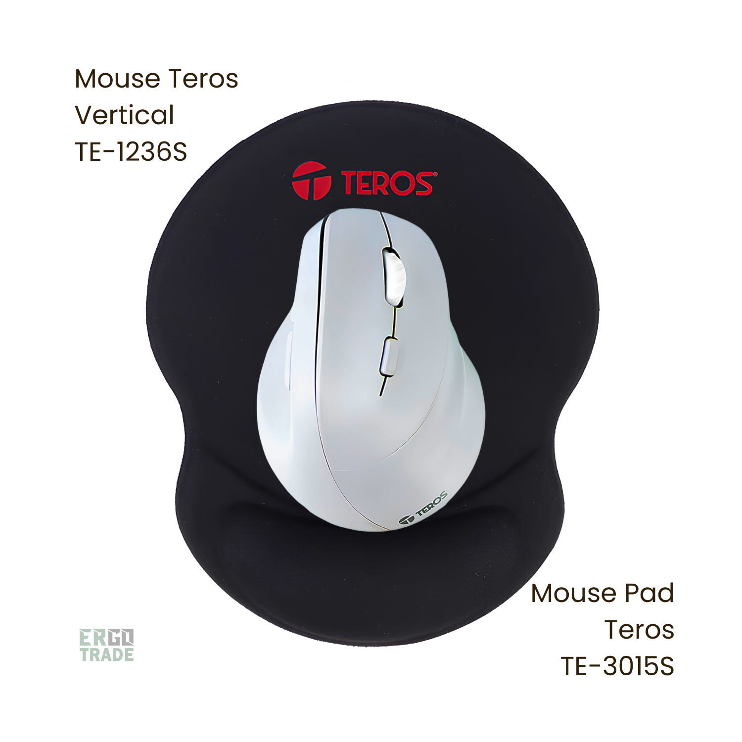 MOUSE VERTICAL TEROS TE1236S INALÁMBRICO, RECARGABLE, COLOR BLANCO Y MOUSE PAD TEROS CON ALMOHADILLA GEL. PACK ERGONÓMICO - 2