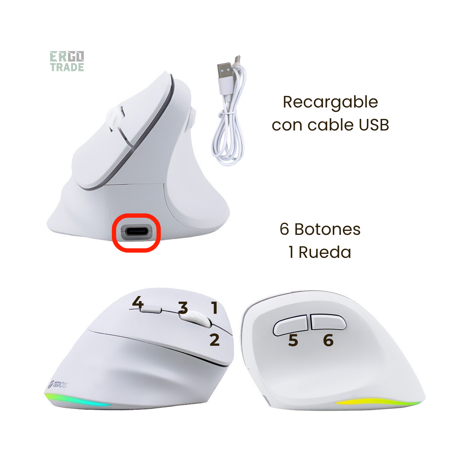 MOUSE VERTICAL TEROS TE1236S INALÁMBRICO, RECARGABLE, COLOR BLANCO Y MOUSE PAD TEROS CON ALMOHADILLA GEL. PACK ERGONÓMICO - 5