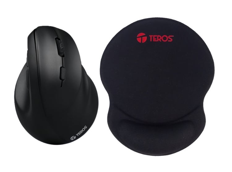MOUSE VERTICAL TEROS TE5169N INALÁMBRICO, RECARGABLE, COLOR NEGRO Y MOUSE PAD TEROS CON ALMOHADILLA GEL. PACK ERGONÓMICO - 1