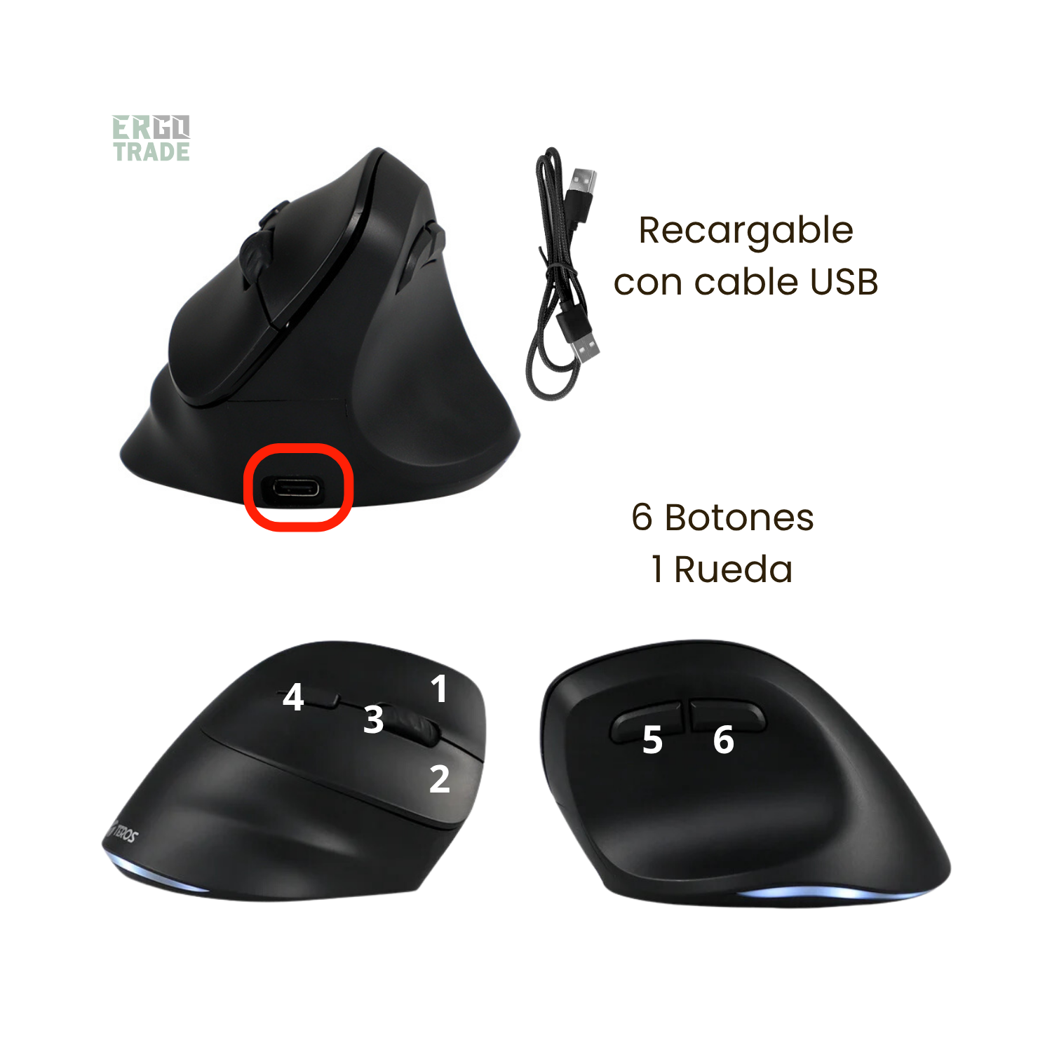 MOUSE VERTICAL TEROS TE5169N INALÁMBRICO, RECARGABLE, COLOR NEGRO Y MOUSE PAD TEROS CON ALMOHADILLA GEL. PACK ERGONÓMICO - 5