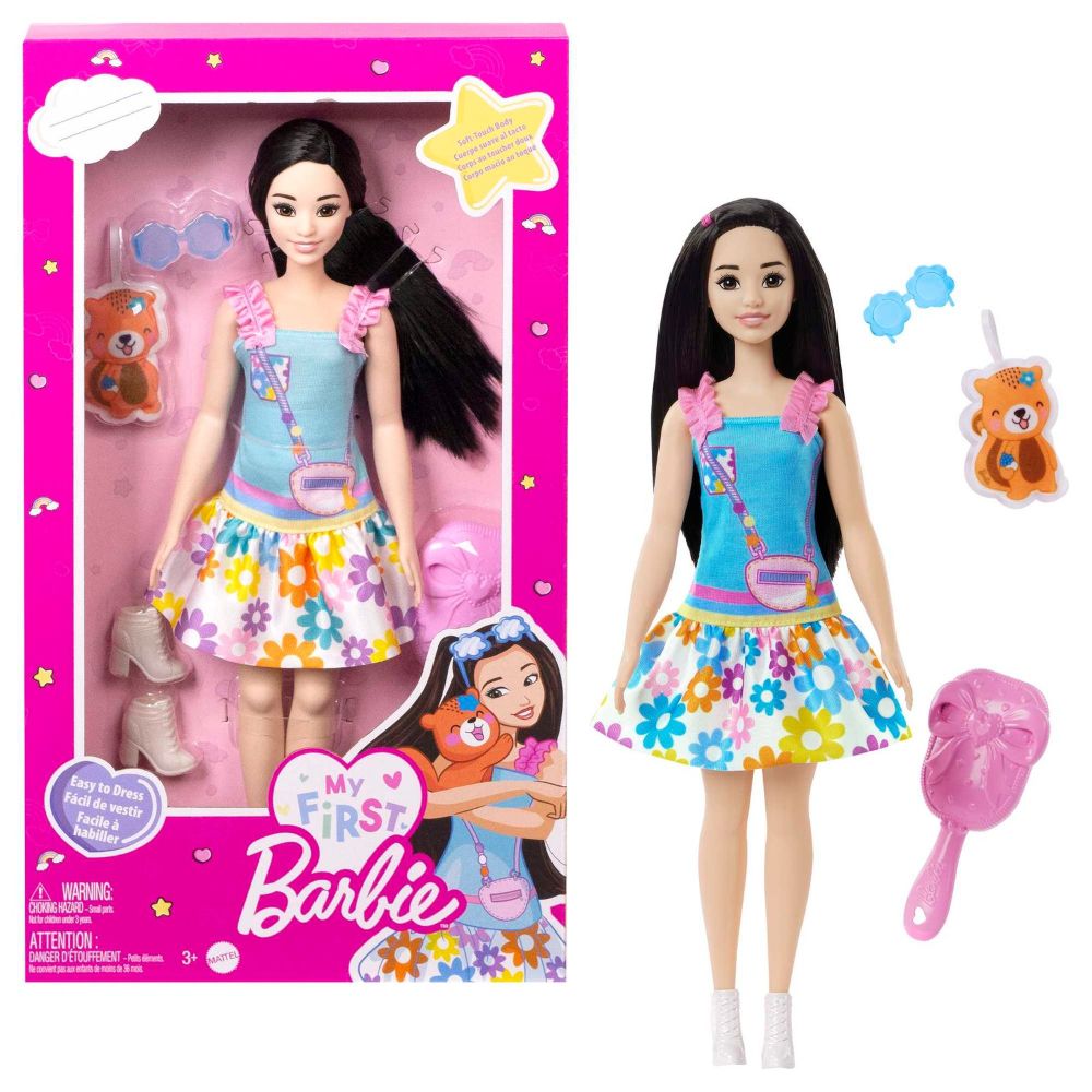 MUÑECA MI PRIMERA BARBIE CABELLO NEGRO CON FALDA DE FLORES - 1