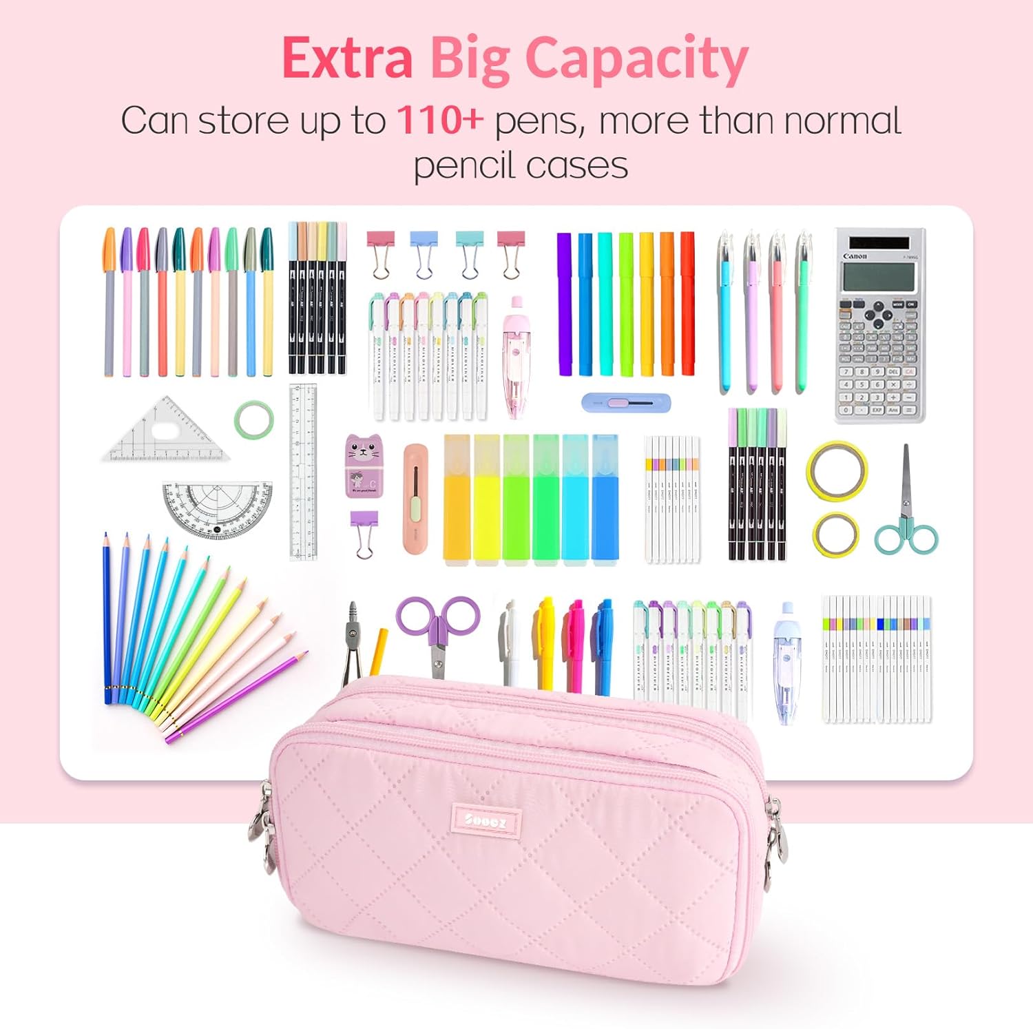 SOOEZ ESTUCHE GRANDE PARA LÁPICES, EXTRA GRANDE CON 8 COMPARTIMENTOS - BEIGE - 4