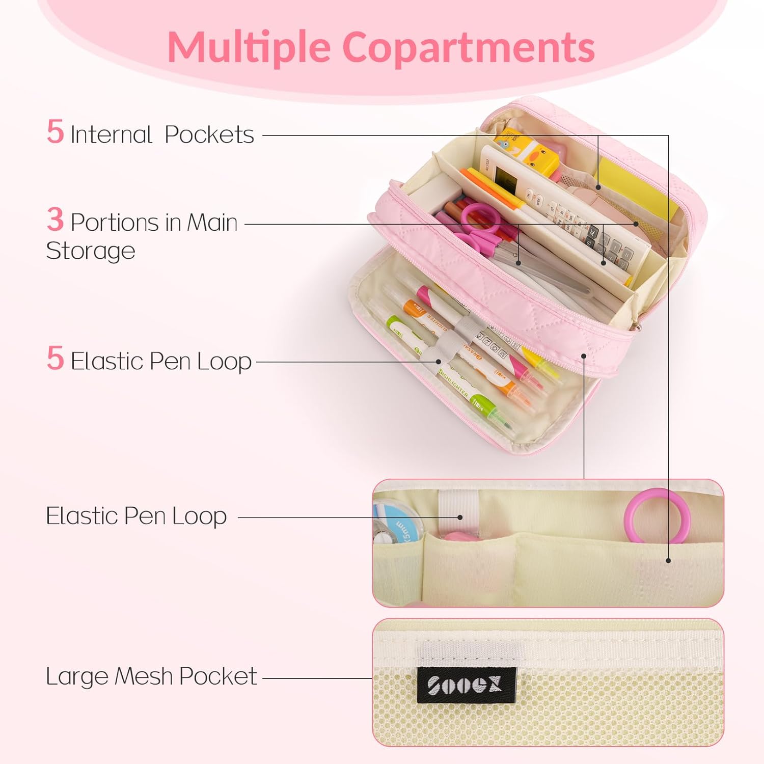 SOOEZ ESTUCHE GRANDE PARA LÁPICES, EXTRA GRANDE CON 8 COMPARTIMENTOS - BEIGE - 5