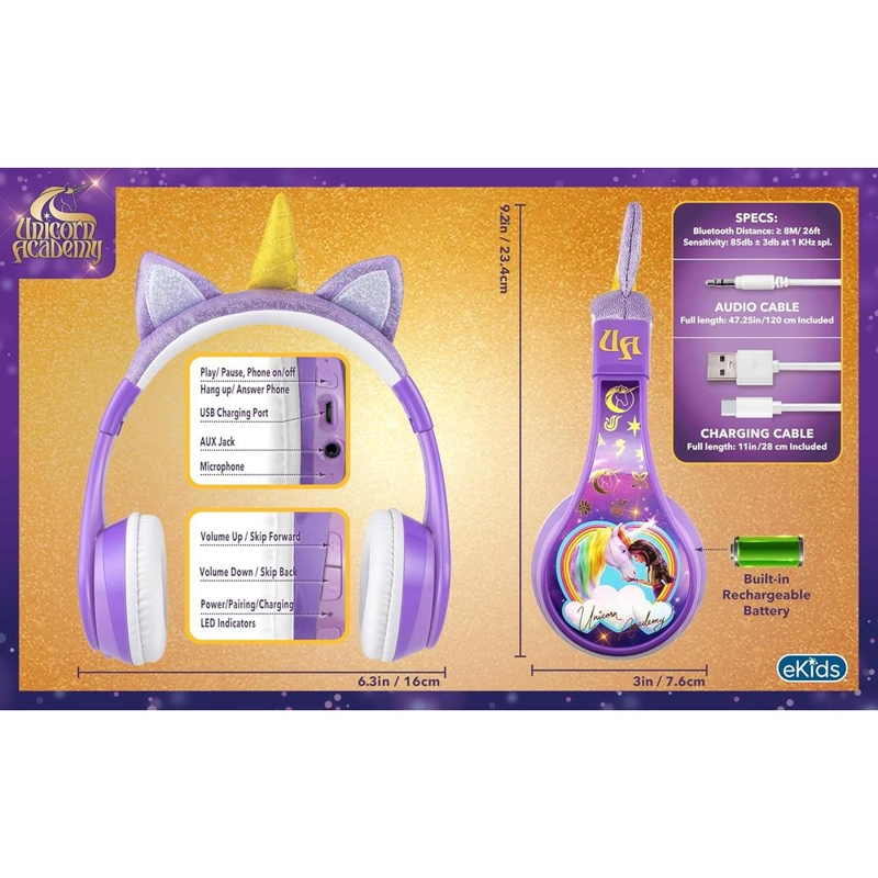 EKIDS UNICORN ACADEMY AURICULARES BLUETOOTH INFANTILES CON MICRÓFONO Y CABLE AUXILIAR - 4