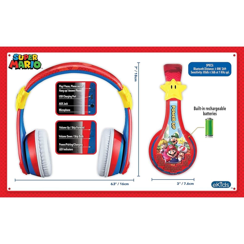 EKIDS SUPER MARIO AURICULARES BLUETOOTH INFANTILES CON MICRÓFONO - 6