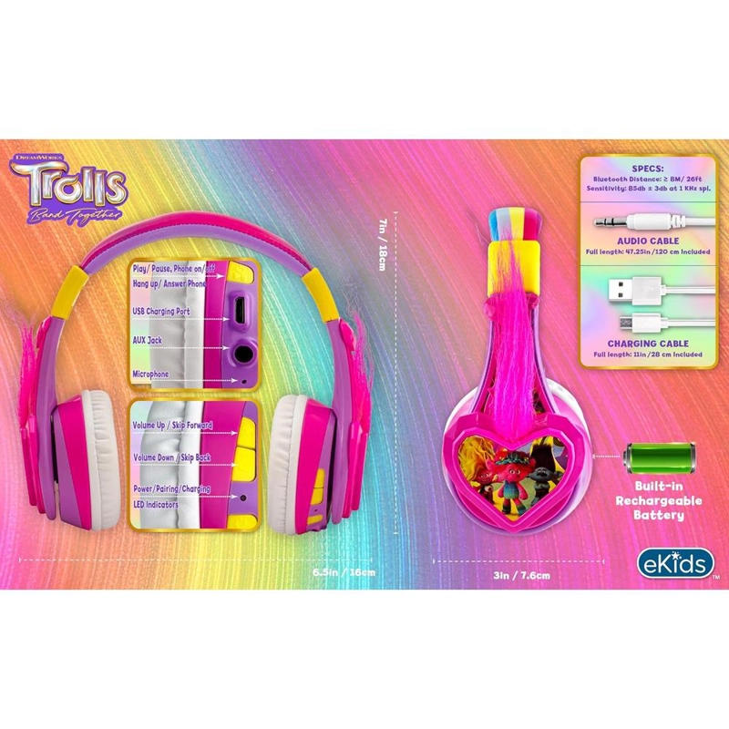 EKIDS TROLLS BAND TOGETHER AURICULARES BLUETOOTH INFANTILES CON MICRÓFONO Y CABLE AUXILIAR - 6
