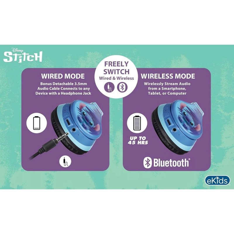 EKIDS STITCH AURICULARES BLUETOOTH INFANTILES CON MICRÓFONO Y CABLE AUXILIAR - 5