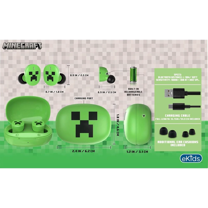 EKIDS MINECRAFT AURICULARES INALÁMBRICOS INFANTILES CON MICRÓFONO Y ESTUCHE DE CARGA - 3