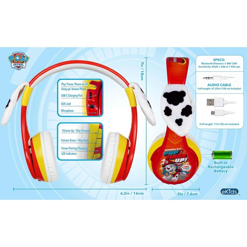 EKIDS PAW PATROL MARSHALL AURICULARES BLUETOOTH INFANTILES CON MICRÓFONO - 4