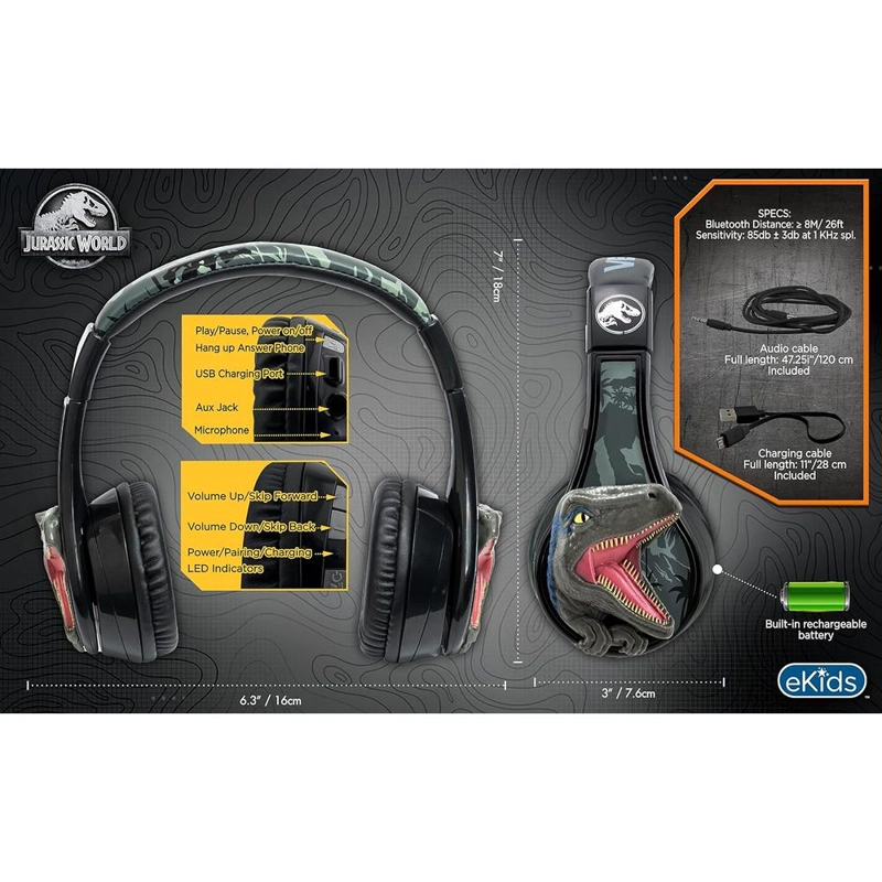 EKIDS JURASSIC WORLD AURICULARES BLUETOOTH INFANTILES CON MICRÓFONO - 4