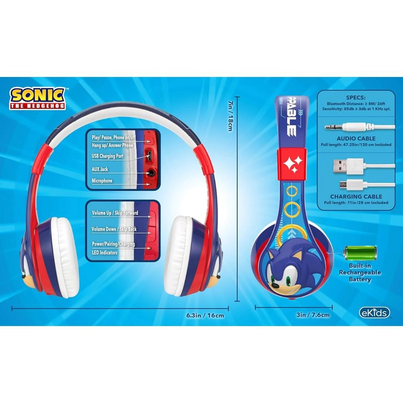EKIDS SONIC THE HEDGEHOG AURICULARES BLUETOOTH INFANTILES CON MICRÓFONO Y CABLE AUXILIAR - 6