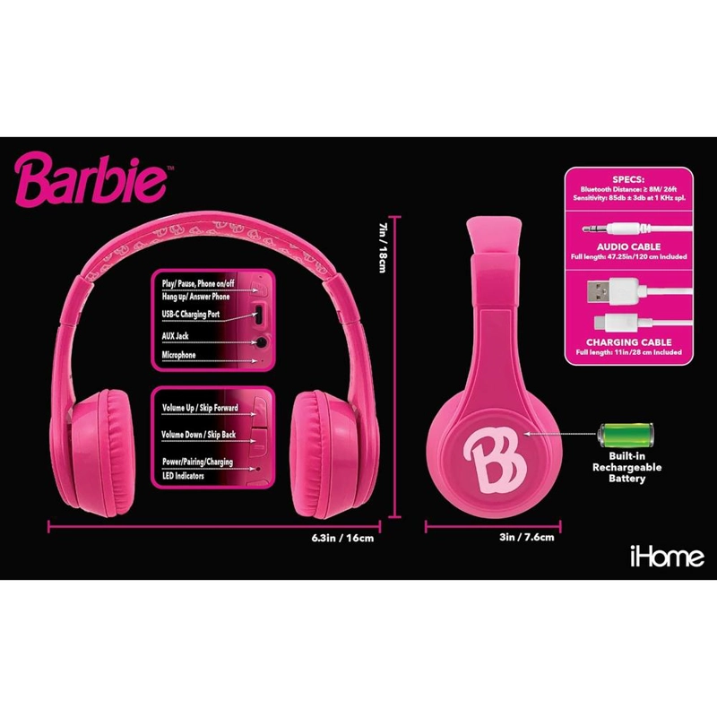 EKIDS BARBIE AURICULARES BLUETOOTH ROSAS INFANTILES CON MICRÓFONO Y CABLE AUXILIAR - 3