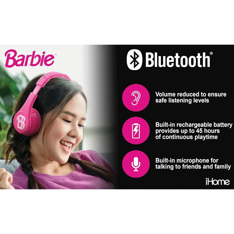 EKIDS BARBIE AURICULARES BLUETOOTH ROSAS INFANTILES CON MICRÓFONO Y CABLE AUXILIAR - 5