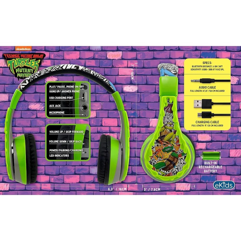 EKIDS TORTUGAS NINJA AURICULARES INALÁMBRICOS BLUETOOTH INFANTILES CON MICRÓFONO - 3
