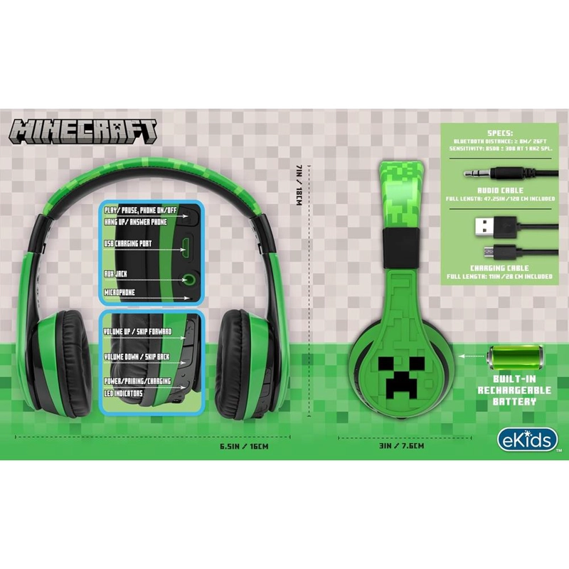 EKIDS MINECRAFT AURICULARES BLUETOOTH INFANTILES CON MICRÓFONO Y CABLE AUXILIAR - 3