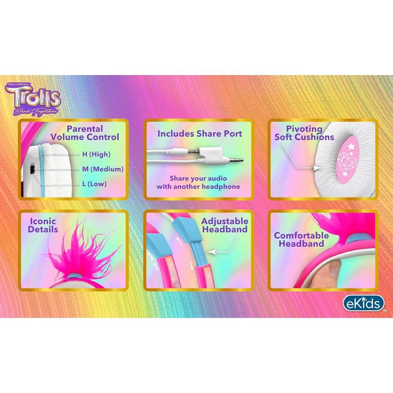EKIDS TROLLS AURICULARES INFANTILES CON CABLE 3.5 MM / 0.35 CM Y CONTROL DE VOLUMEN - 5