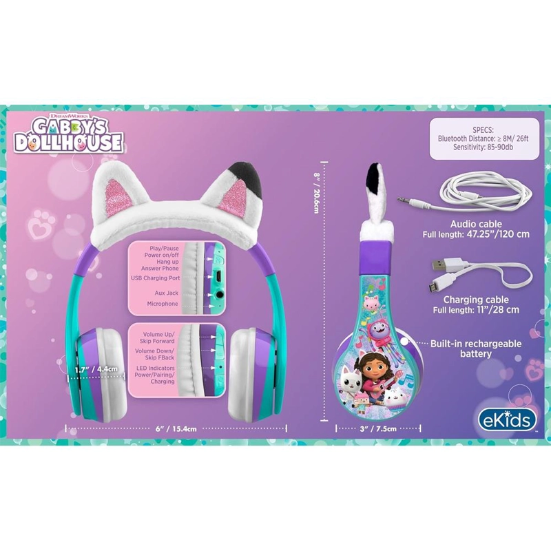 EKIDS GABBY’S DOLLHOUSE AURICULARES BLUETOOTH INFANTILES CON MICRÓFONO Y CABLE AUXILIAR - 3