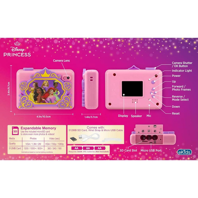 EKIDS PRINCESAS DISNEY CÁMARA DIGITAL INFANTIL CON TARJETA SD Y GRABACIÓN DE VÍDEO - 2