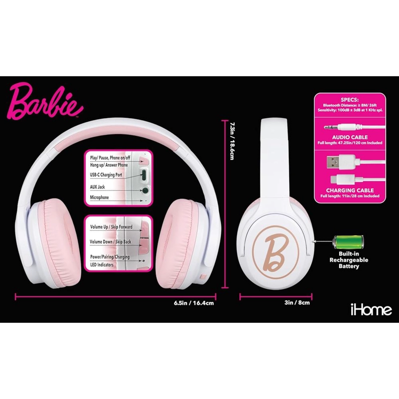 EKIDS BARBIE AURICULARES INALÁMBRICOS BLUETOOTH CON MICRÓFONO Y CABLE AUXILIAR - 4
