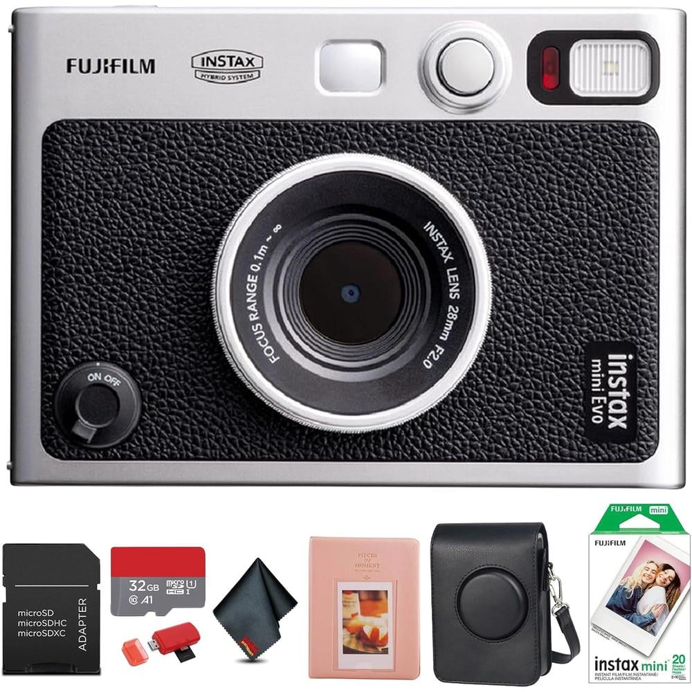 CÁMARA FUJIFILM HÍBRIDA INSTAX MINI EVO C/20 HOJAS MEMORIA 32 GB ESTUCHE ÁLBUM Y PAÑO SET 6 PZS | NEGRO - 1