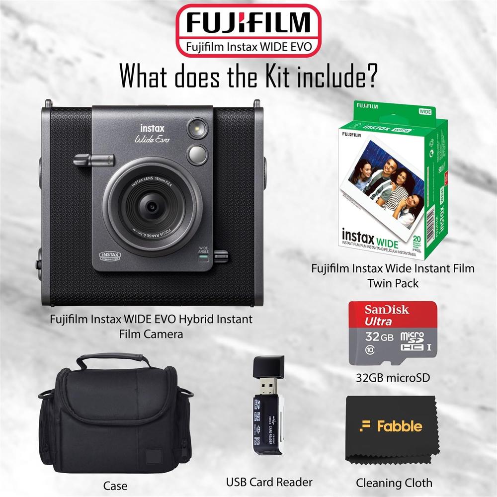 CÁMARA FUJIFILM HÍBRIDA INSTAX WIDE EVO C/20 EXP. ESTUCHE MEMORIA 32 GB LECTOR USB Y PAÑO SET 6 PZS | NEGRO - 2