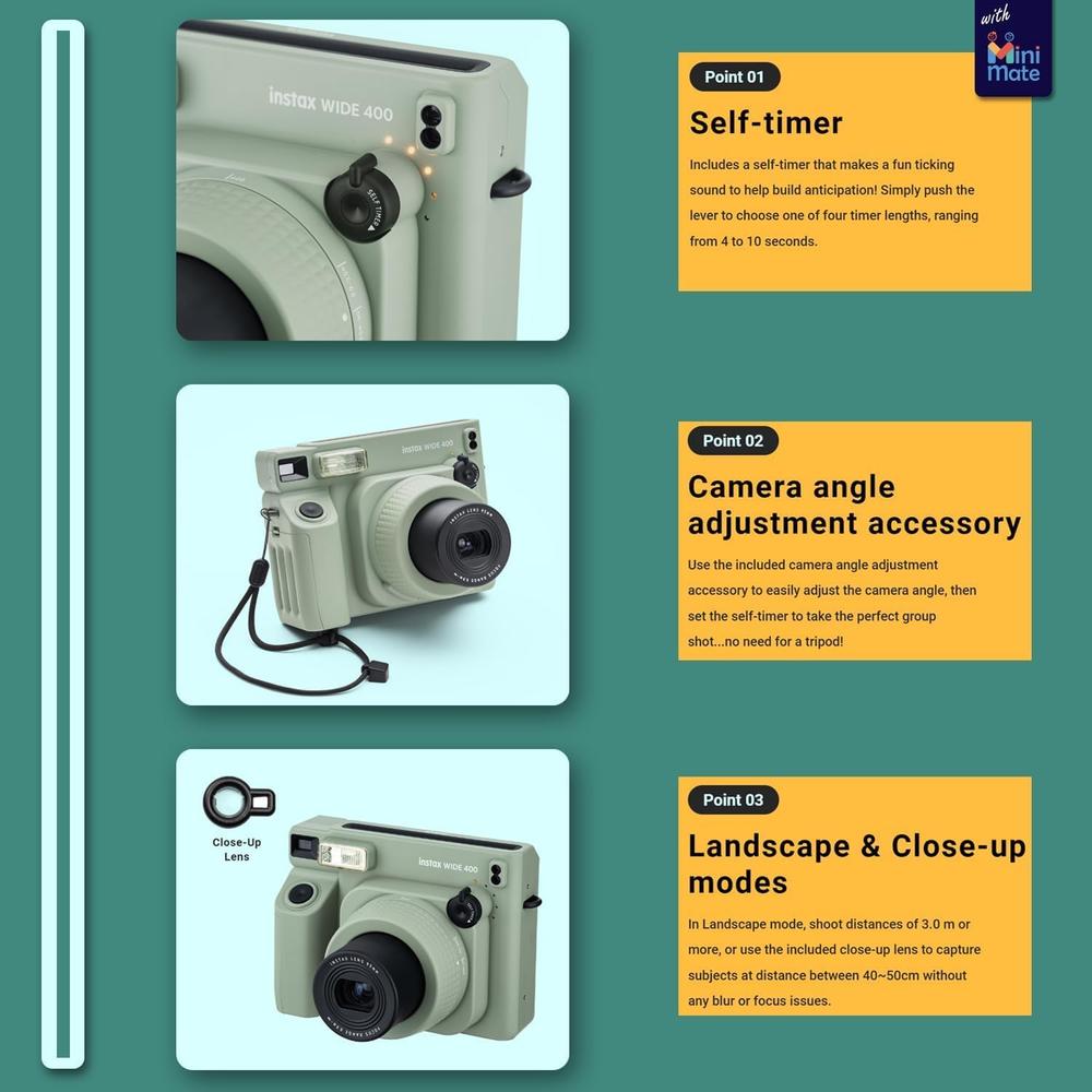 CÁMARA FUJIFILM INSTANTÁNEA INSTAX WIDE 400 C/1 TWIN PACK SET 2 PZS | VERDE SAGE - 3