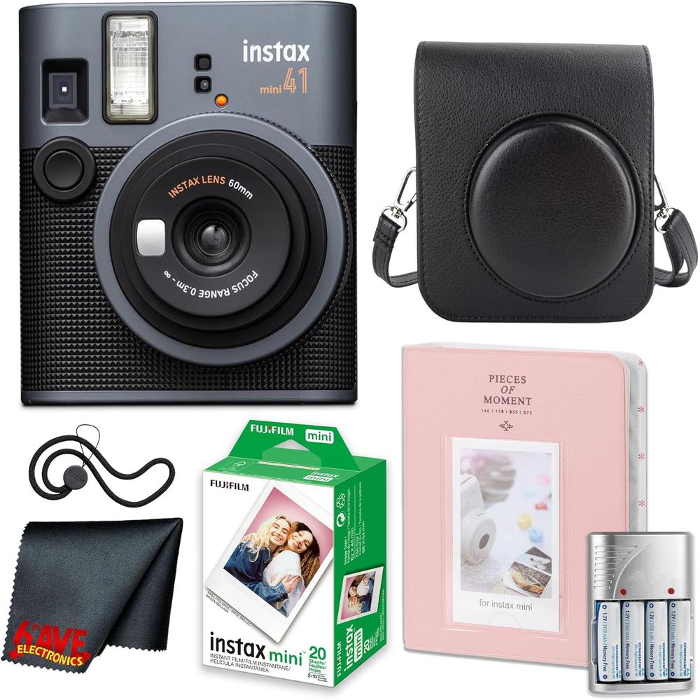 CÁMARA FUJIFILM INSTANTÁNEA INSTAX MINI 41 C/20 HOJAS ÁLBUM Y ESTUCHE VINTAGE SET 4 PZS | NEGRO - 1