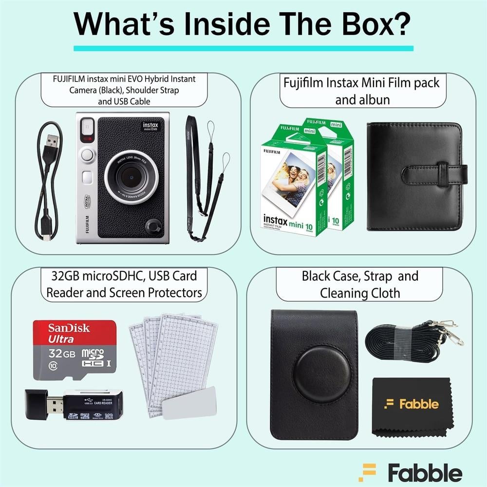 CÁMARA FUJIFILM HÍBRIDA INSTAX MINI EVO C/20 EXP. MEMORIA 32 GB ESTUCHE ÁLBUM LECTOR SET 6 PZS | NEGRO - 2
