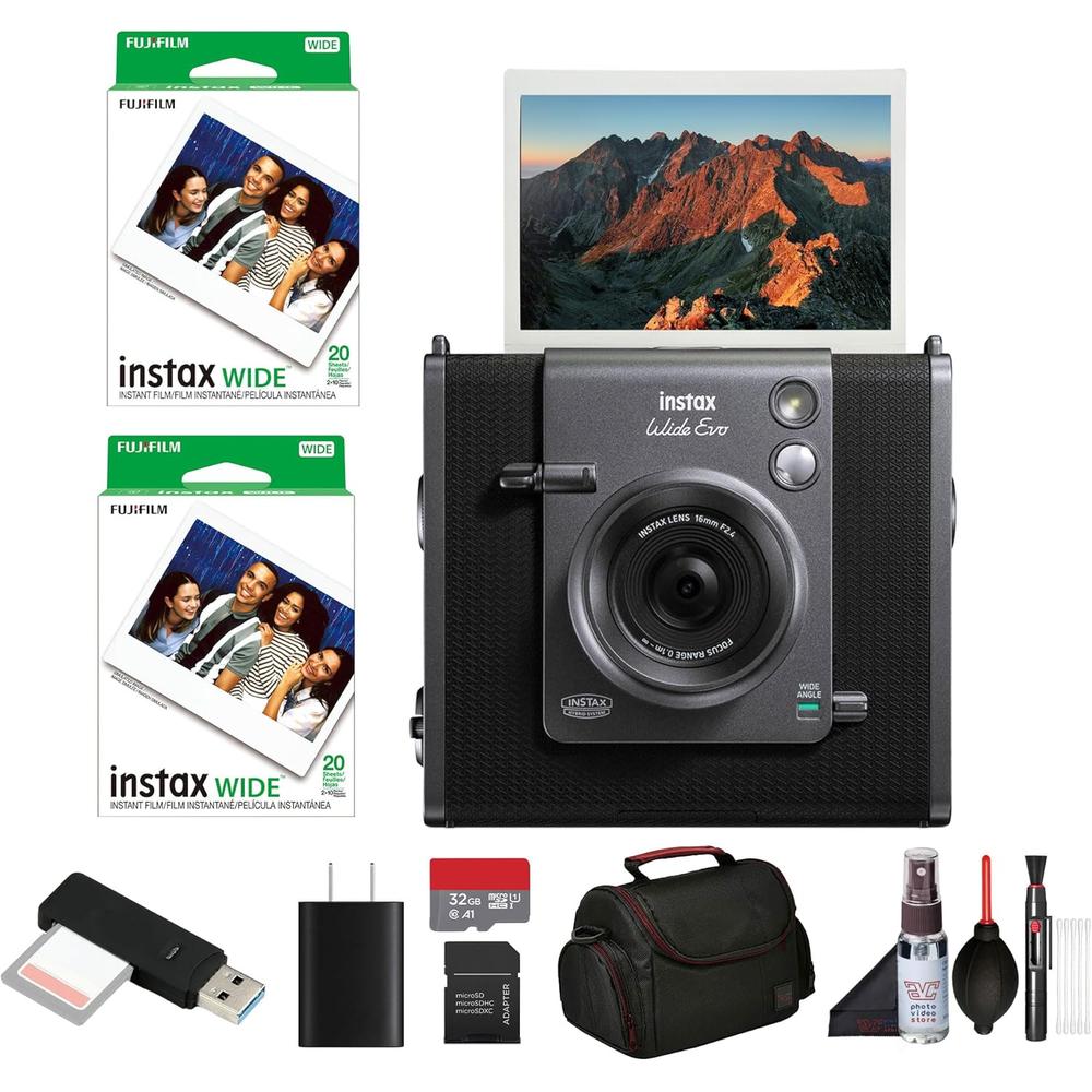 CÁMARA FUJIFILM HÍBRIDA INSTAX WIDE EVO C/40 EXP. MEMORIA 32 GB LECTOR BOLSO Y KIT LIMPIEZA SET 6 PZS | NEGRO - 1