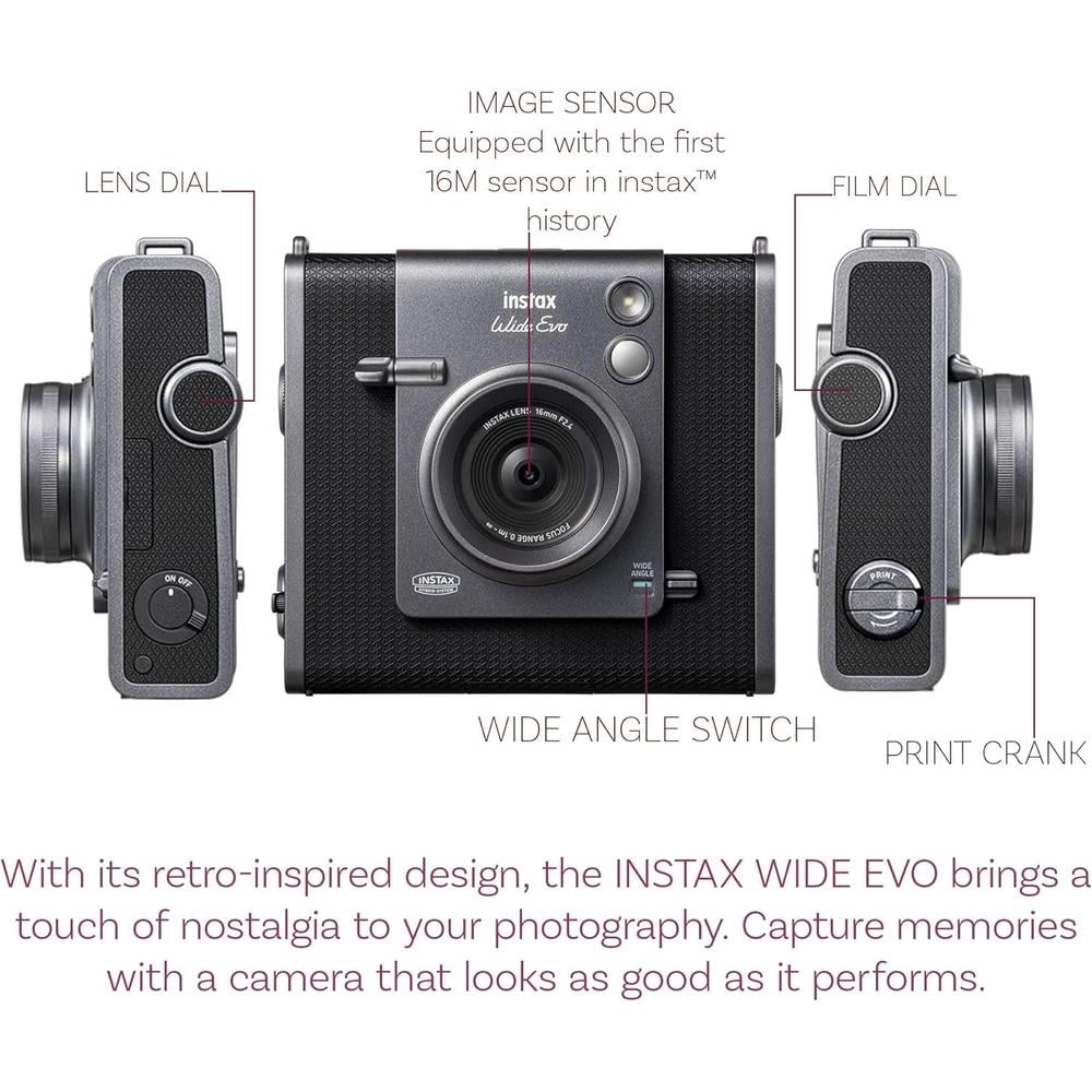 CÁMARA FUJIFILM HÍBRIDA INSTAX WIDE EVO C/40 EXP. MEMORIA 32 GB LECTOR BOLSO Y KIT LIMPIEZA SET 6 PZS | NEGRO - 2