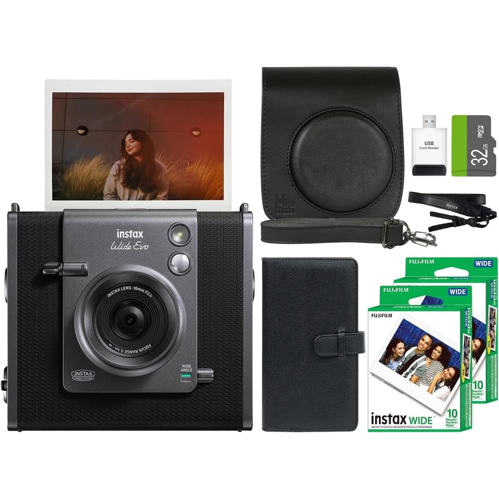 CÁMARA FUJIFILM HÍBRIDA INSTAX WIDE EVO C/20 HOJAS ESTUCHE ÁLBUM Y MEMORIA 32 GB SET 5 PZS | NEGRO - 1