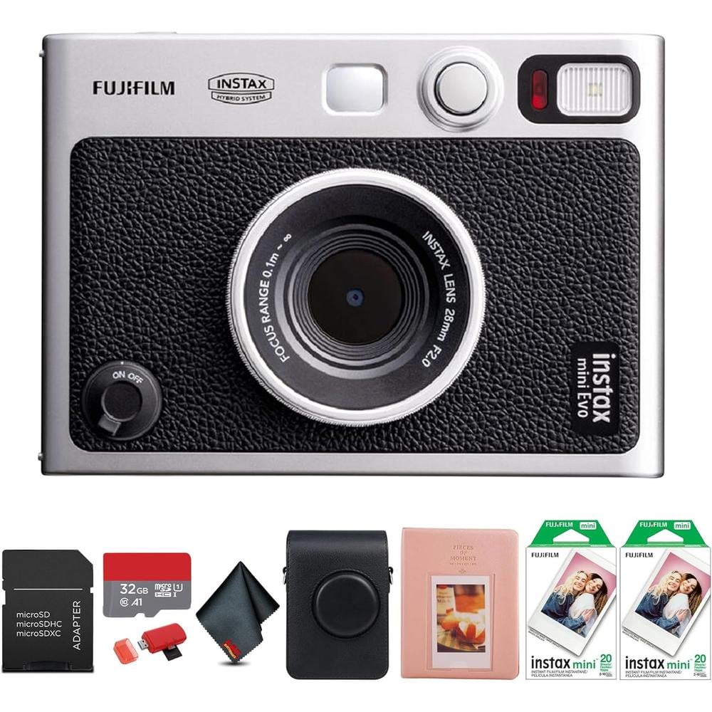 CÁMARA FUJIFILM HÍBRIDA INSTAX MINI EVO C/40 HOJAS MEMORIA 32 GB ESTUCHE ÁLBUM Y PAÑO SET 6 PZS | NEGRO - 1