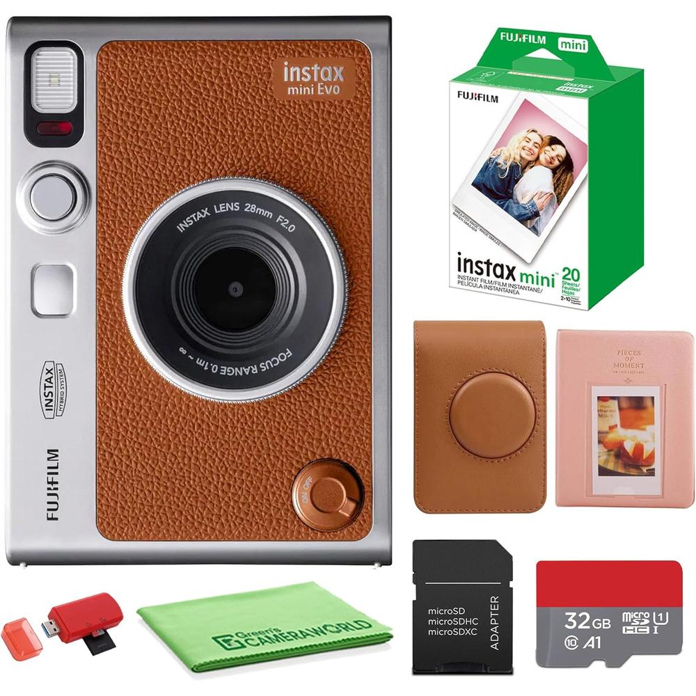 CÁMARA FUJIFILM HÍBRIDA INSTAX MINI EVO C/20 HOJAS MEMORIA 32 GB ESTUCHE ÁLBUM Y PAÑO SET 6 PZS | MARRÓN - 1
