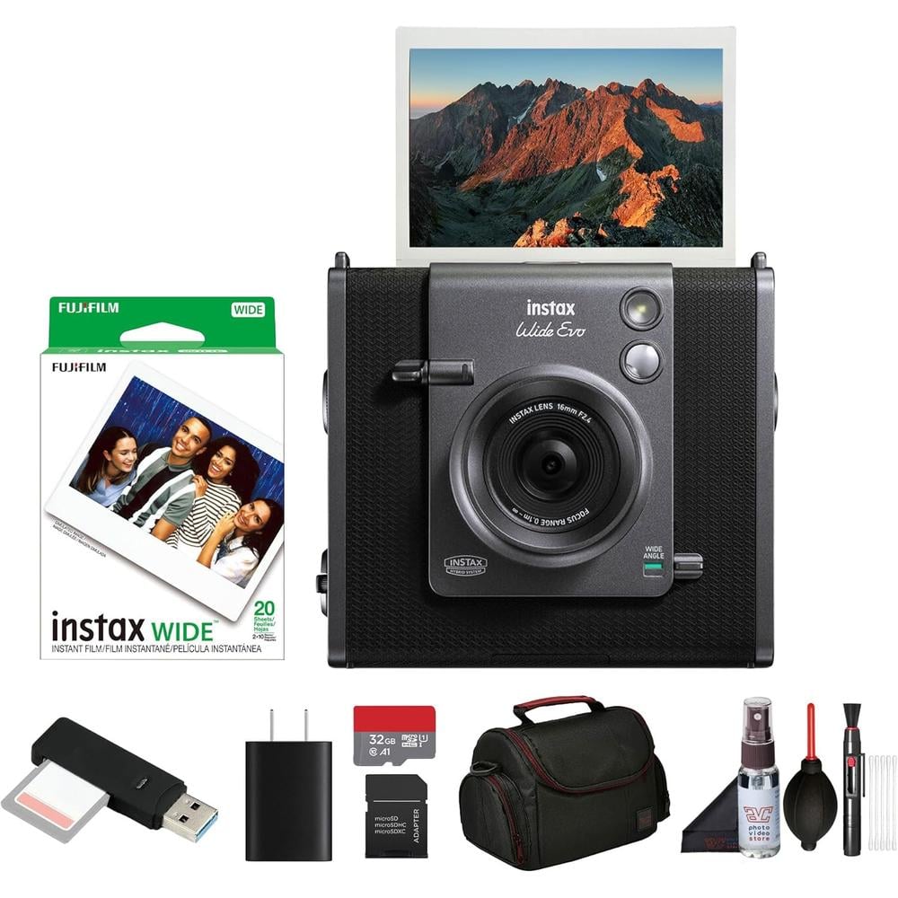 CÁMARA FUJIFILM HÍBRIDA INSTAX WIDE EVO C/20 EXP. MEMORIA 32 GB LECTOR BOLSO Y KIT LIMPIEZA SET 6 PZS | NEGRO - 1