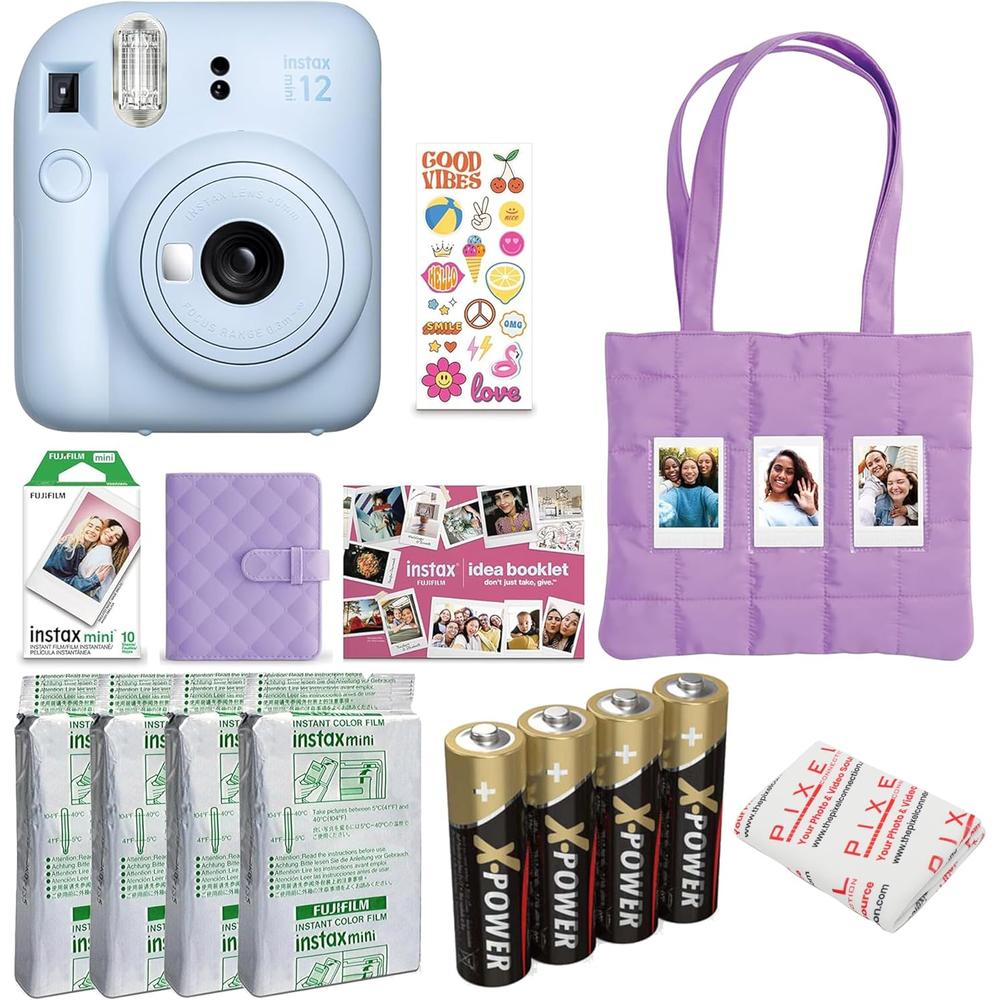 CÁMARA FUJIFILM INSTANTÁNEA INSTAX MINI 12 PAQ. NAVIDEÑO C/4 PACKS DE PELÍCULA 4 PILAS AA Y PAÑO SET 4 PZS | AZUL PASTEL - 1