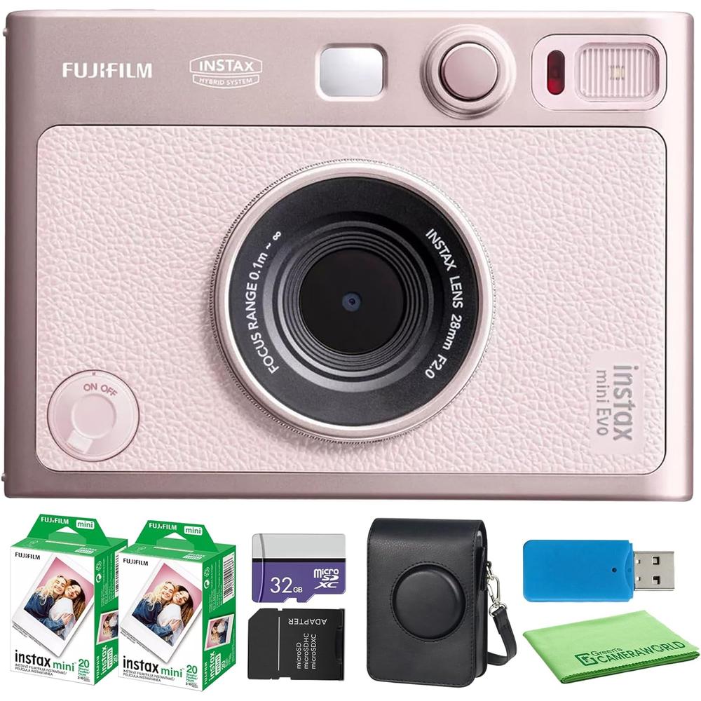 CÁMARA FUJIFILM HÍBRIDA INSTAX MINI EVO C/40 EXP. MEMORIA 32 GB ESTUCHE Y ACC. SET 5 PZS | ROSA SUAVE - 1